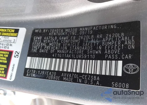 2020 Toyota Camry Se из США, поврежденный, VIN 4T1G11AK1LU859110